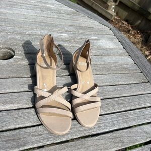 Eileen Fisher Noni Khaki Leather Heeled‎ Strappy Sandals Women's 7.5